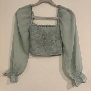 OAK + FORT Sage Green Women’s Top Blouse with Square Neckline Sheer Sleeves XS